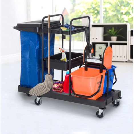 Carro de limpieza profesional (111x63.3x103 cm), con escurridor extraíble, dos estantes, metal negro (1/5)