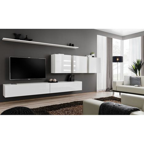 Ensemble meuble TV mural  - Switch VII - 340 cm x 150 cm  x 40 cm - Blanc - Livraison gratuite
