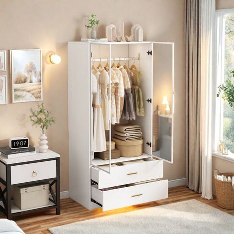 Garderobe, Garderobe mit 2 Glastüren, 2 Schubladen, Kleiderständer, Schrank, 50x80x175 cm, für Eingangsbereich, Schlafzimmer, Wohnzimmer, Weiß