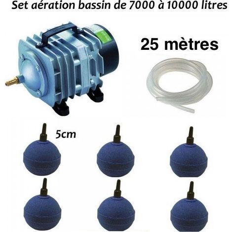 Le Poisson Qui Jardine – Kit d'aération pour bassin de 7000 à 10000 litres – Compresseur 4200 l/h – 6 diffuseurs – Tuyau 25m pour oxygénation efficace