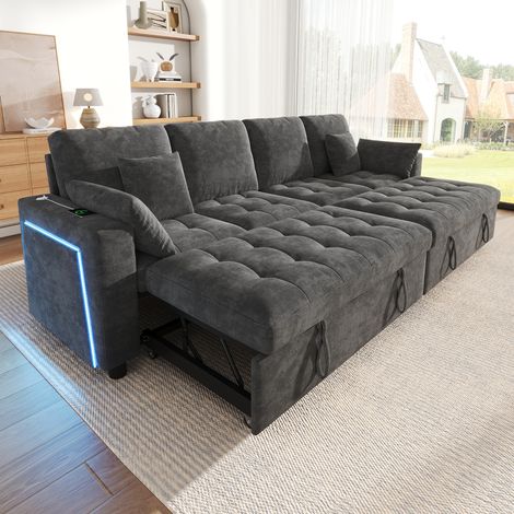 Canapé d'angle convertible 4 places 262,5x140x89 cm en chenille, Canapé-lit avec 2 couchages escamotables, dossier réglable, LED, USB Type-C -Gris (1/5)