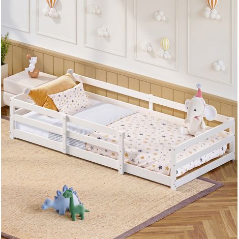 Lit Montessori enfant en pin massif blanc 90x200 cm avec barrières de sécurité 4 côtés et sommier à lattes inclus (1/5)