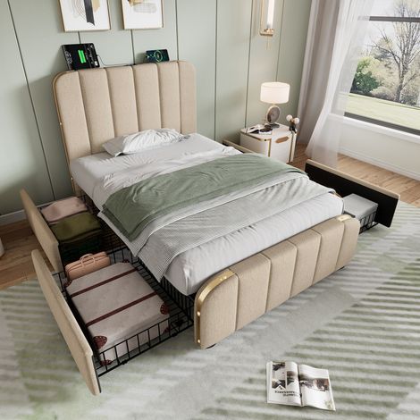 Cama individual 90x200 cm tapizada cabecero con tiras metálicas doradas y usb tipo c lino beige (Sin colchón) (1/5)