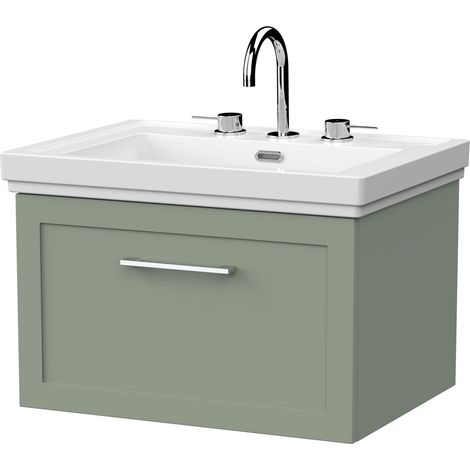 Stonnall Traditional Wall Hung 1 Drawer Vanity Unit with Traditional 3 Tap Hole Fireclay Basin, 600mm, Reed Green