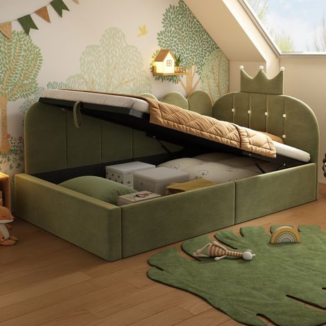Lit banquette enfant 90x200 cm avec coffre hydraulique, forme L, tête de lit couronne, velours – Vert (Sans matelas) (1/5)