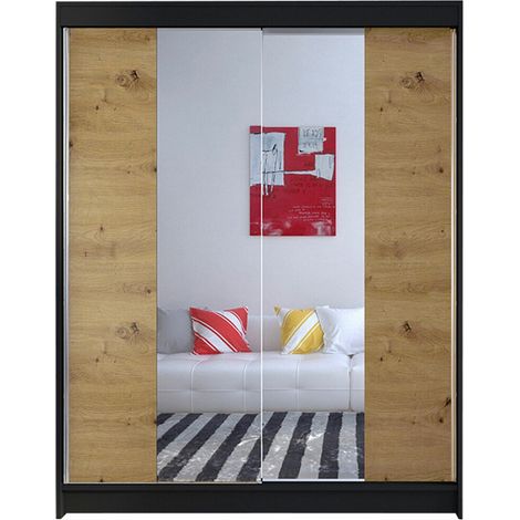 Armario Closico Vastor II, Negro + Roble Artisan, 200x150x58cm, Puertas de armario: Correderas, Número de estantes: 5