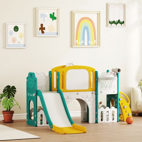 Set di scivoli 7 in 1 per bambini piccoli, canestro da basket, design a rana, struttura per arrampicata, altalena, per uso interno ed esterno, giallo+verde (1/5)