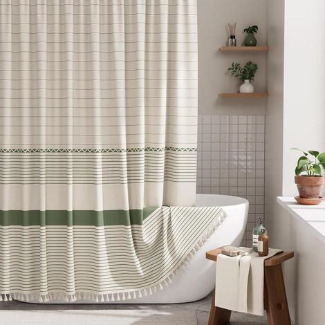 Cortina de ducha - Cortina divisoria para baño - Cortina de ducha impermeable - Cortina de privacidad - Rayas con borlas - (183 x 183 cm) (1/5)