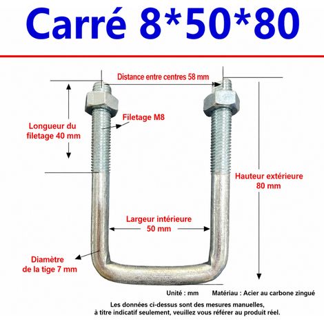 Collier carré à boulon d’angle M8 8x50x80 mm en acier carbone galvanisé 50 80 40 299 g – Livraison gratuite