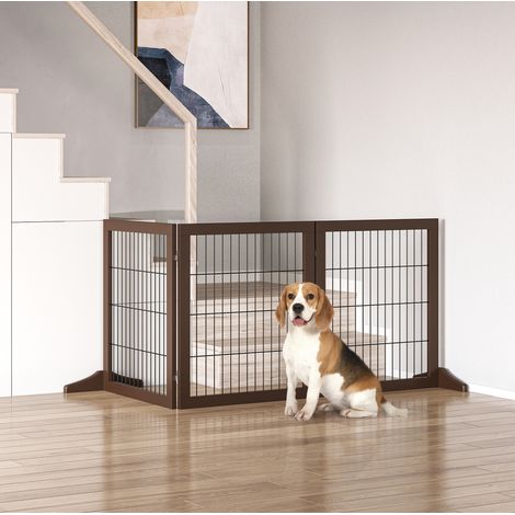 Barrière pour chiens 185x36x71 cm en bois de pin brun, pliable, gain de place – MEUBLIV (1/5)