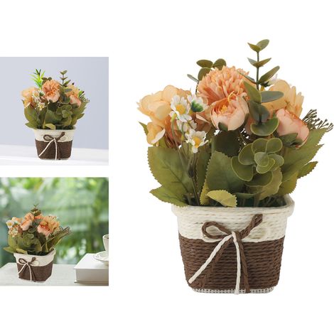 [Planta artificial en maceta] – Hermosa rosa artificial naranja en maceta. Detalles: Material: Plástico. Dimensiones de la maceta: 10,5 x 10,5 x 8 cm. (1/5)