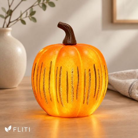 FLITI Lampe Citrouille Lumineuse Décoration de Fête Halloween 8.5 x 8.5 x 10.5 cm Résine Orange (1/5)
