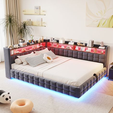 Lit/canapé-lit multifonctionnel capitonné 140 × 200 cm, avec rangement hydraulique, étagère en bois, bande lumineuse LED, prise électrique, ports de chargement USB et Type-C, sommier à lattes, revêtem (1/4)