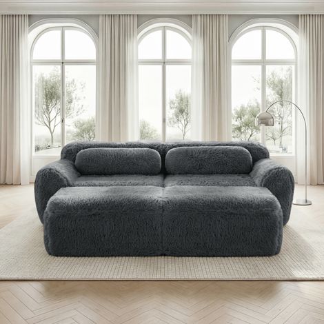 Canapé modulaire 2 places gris en peluche sans montage avec 2 ottomans (1/5)