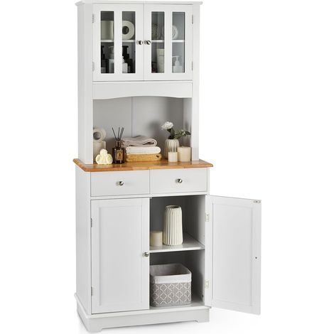 Costway – Buffet haut de cuisine 2 tiroirs et 2 placards – Verre trempé – Étagères réglables – Grand compartiment avec passe-câble – 68 x 40 x 170 cm (1/4)