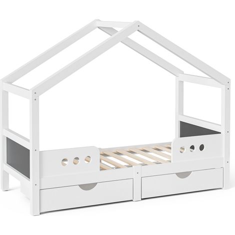 Kinderhausbett Weiß aus Holz und MDF mit 2 Schubladen, Tafel und Dach, 90 x 200 cm HOMVRA (1/5)