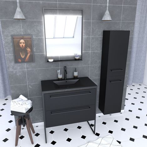 Mueble de baño 80 cm, lavabo negro, espejo LED y columna - Negro