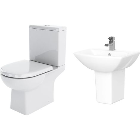 Balterley Stramshall Square Suite: Close-Coupled Toilet w/ Dual-Flush Cistern, Soft-Close Seat & 500mm 1 Tap Hole Basin, Semi Pedestal