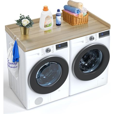 Plan de travail pour lave-linge et sèche-linge, 54" x 27", bois chêne, résistant à l'eau, avec patins antidérapants, pour organisation et rangement buanderie. (1/5)
