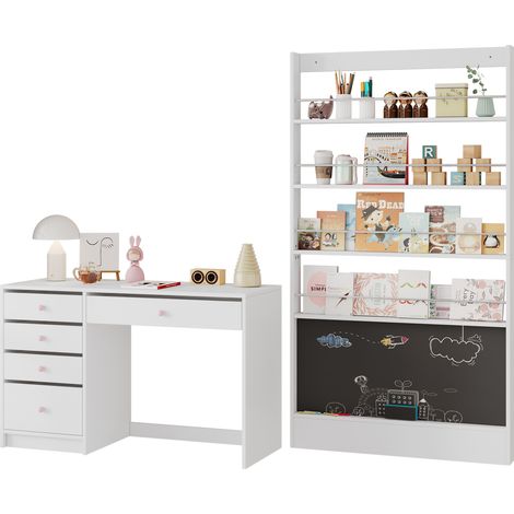 Bureau enfant, avec rangement, 220 x 45 cm, en MDF, coloris blanc (1/5)