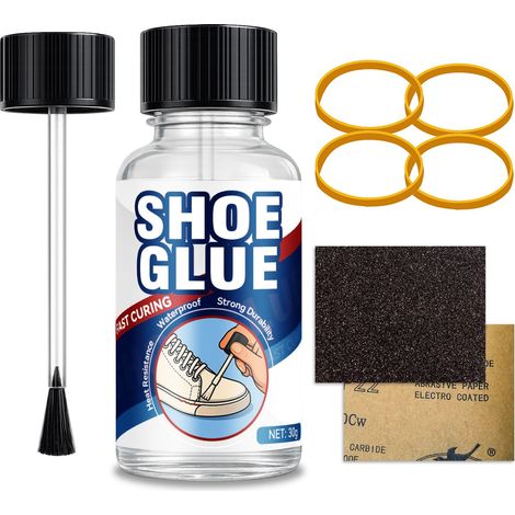 Colle Pour Chaussures 30ml, Réparation Semelles, Cuir, Caoutchouc, Tennis, Bottes, Adhésif Fort Résistant à l’Eau et Flexible, Livré avec Élastiques Maintien Papier de Verre (1/5)