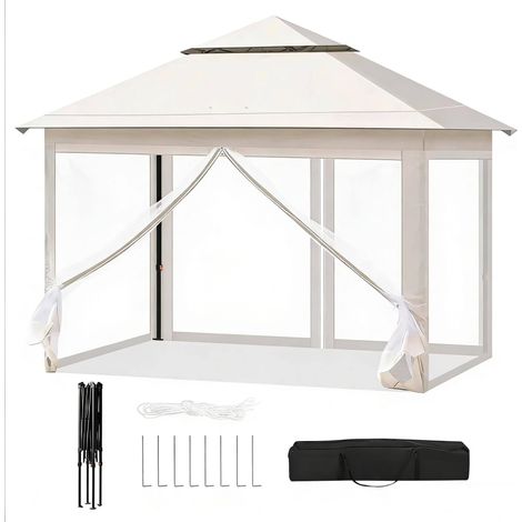 CHICFURN Cenador de jardín plegable 3 x 3 m beige, techo doble, con mosquitera (1/5)