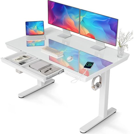 Elektrischer Schreibtisch 120x60 cm höhenverstellbar mit Glasplatte und USB-Anschlüssen Weiß (1/5)