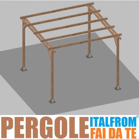 Pergola da Giardino in Legno di Pino Impregnato - mt 3 X 3 x 2,5h - con Supporti a Tassellare (1/4)