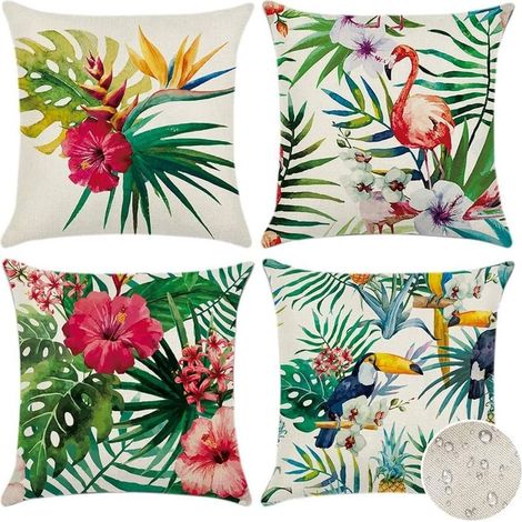 Outdoor-Kissenbezug-Set, 4er-Set mit tropischem Pflanzen-, Blumen- und Vogelmuster, Sofakissenbezüge für Terrasse, Garten, Wohnzimmer und Schlafzimmer, 45 x 45 cm (1/5)