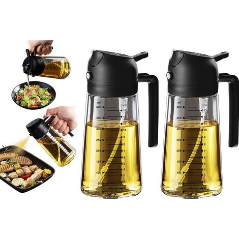 Vaporisateur d'huile d'olive 2 en 1 (2 pièces) - 470 ml - Verre - Bouteille d'huile d'olive avec fonction verseur et vaporisateur - Atomiseur d'huile - Pompe à huile pour la cuisine et la pâtisserie.. (1/5)