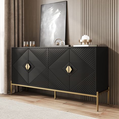 Buffet en MDF et panneaux de particules noir 162 x 40 x 80 cm, 4 portes, pieds métal (1/5)