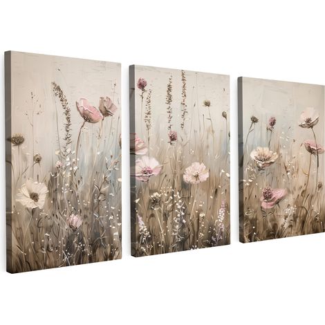 CUADRO EN LIENZO Flores - Beige - Moderno - Rosa Tríptico Set de 3 120x60 (1/5)