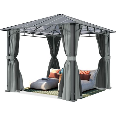TOOLPORT Gazebo giardino 3x3 m, alluminio, tetto policarbonato 8 mm, grigio - con pannelli laterali e zanzariere (1/5)