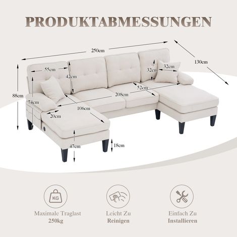 Grand canapé en U 4 places en lin doux,dossier moderne,deux chaises longues,pieds écuriens et coussins décoratifs,élégant pour tout salon.-Ha