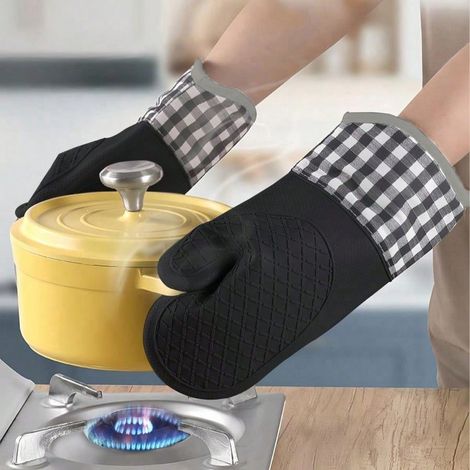 Gants de four en silicone résistants à la chaleur et anti-brûlure, pour la cuisine et la pâtisserie, antidérapants, noirs (1/4)