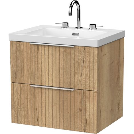 Callingwood Contemporary Wall Hung 2 Drawer Vanity Unit with 3 Tap Hole Fireclay Basin , 600mm, Autumn Oak