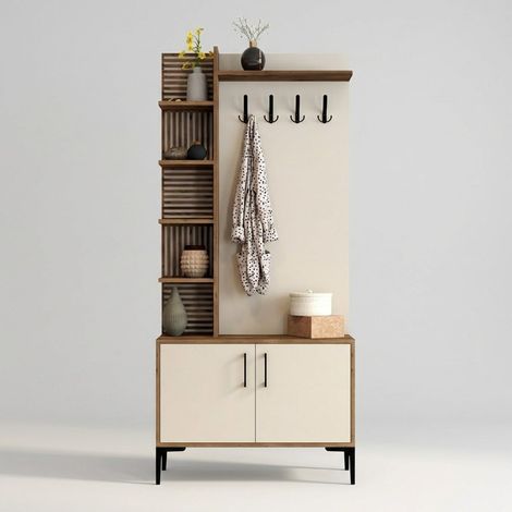 Perchero móvil para entrada con zapatero y estantes 90x200cm Viyana S - Beige