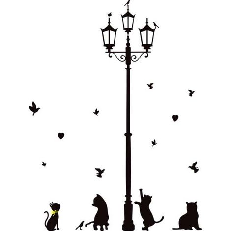 Wandtattoos „Katzen unter einer Laterne“ für kreatives Wohnen, Schlafzimmer und Wohnzimmer – Schwarz – Crezuo (1/4)