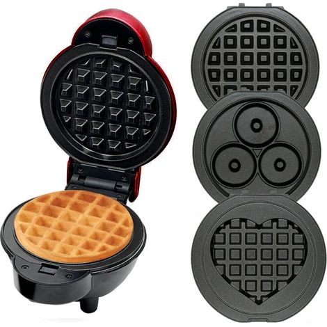 Mini Gaufrier Avec Plaques Interchangeables, 4 Formes – Citrouille, Pain D’épices, Cœur Et Classique, Revêtement Antiadhésif, Idéal Pour Les Anniversaires D’enfants, Rouge (1/5)