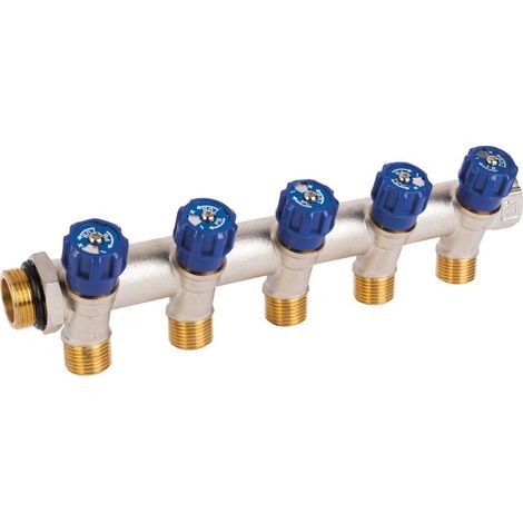 Pbtub – Collecteur sanitaire 5 sorties MF 3/4'' – Sortie M 1/2'' – Raccord mâle tournant – Entraxe 50 mm – Système d'alignement