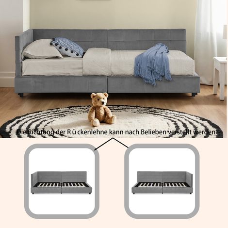 Lit simple 90200 cm, revêtement en velours doux pour la peau, lit enfant avec dossier haut, gris foncé (sans matelas) (1/5)