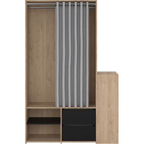 Kimmy armoire ouverte, avec rideau, 2 tiroirs, meuble à chaussures décor noyer, noir mat, rideau gris clair.