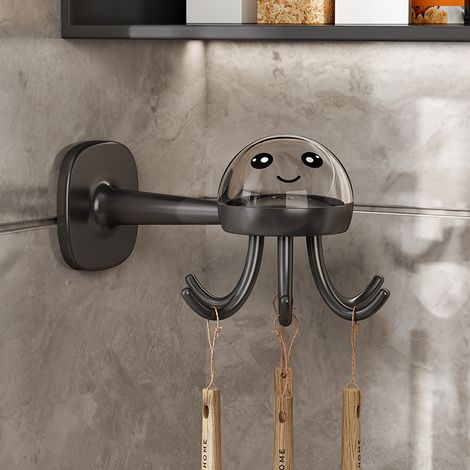 Crochet de cuisine rotatif en forme de pieuvre, gris anthracite, installation murale multifonctionnelle sans perçage, ad (1/5)
