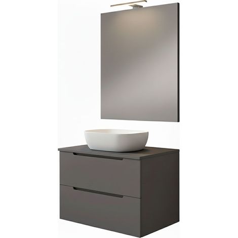 Kibath Mueble de baño con Lavabo, Espejo y Aplique LED VICTORIA 80x45 cm acabado Grafito mate 2 cajones suspendido