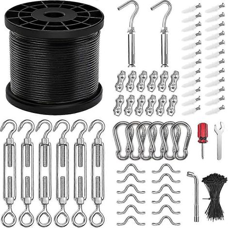 Kit de suspension pour guirlande lumineuse avec 91 mètres de câble en acier inoxydable 304 recouvert de vinyle, kit de suspension pour guirlande lumineuse à boules (1/5)