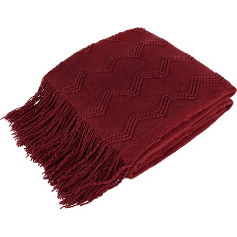 Couverture tricotée Rouge Bordeaux 127 x 152,4 cm 100% Acrylique Douce et Chaude Motif géométrique avec Pompon Utilisation en intérieur/extérieur (1/5)