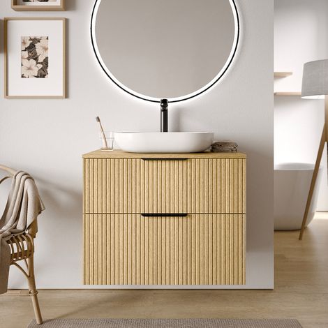 Waschtischunterschrank Bernstein TIM 80 cm für Aufsatzwaschbecken Badmöbel: Eiche Nebelgrau profiliert, Metallgriff: Chrom, Waschtischplatte: Schwarz matt