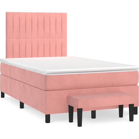Lit avec sommier à lattes, matelas et banc en velours rose 120 x 190 cm, 62.2kg - PANGIVO (1/5)