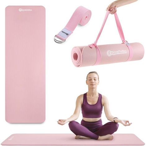 Tappetino da Yoga Fitness NBR 8mm Cinghia in Cotone Ginnastica Dim 183x61cm Rosa