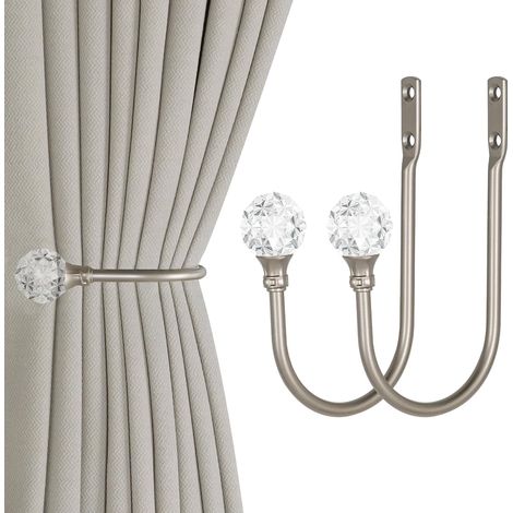 Set aus 2 robusten, U-förmigen Metall-Gardinenhaltern mit klaren Kristallkugeln (2, silber) (1/5)